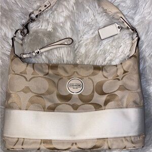 Coach Tan and White Shoulder Bag with Signature Monogram